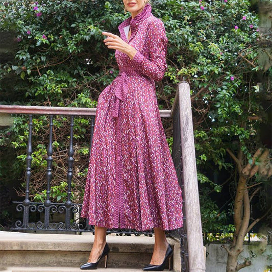 PRINTED LONG-SLEEVED LAPEL LACE-UP DRESS