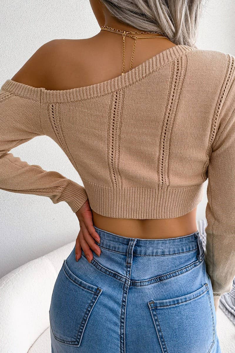 WOMEN EYELET ONE OFF SHOULDER SEXY CROP KNIT TOP_CWOSWL0445