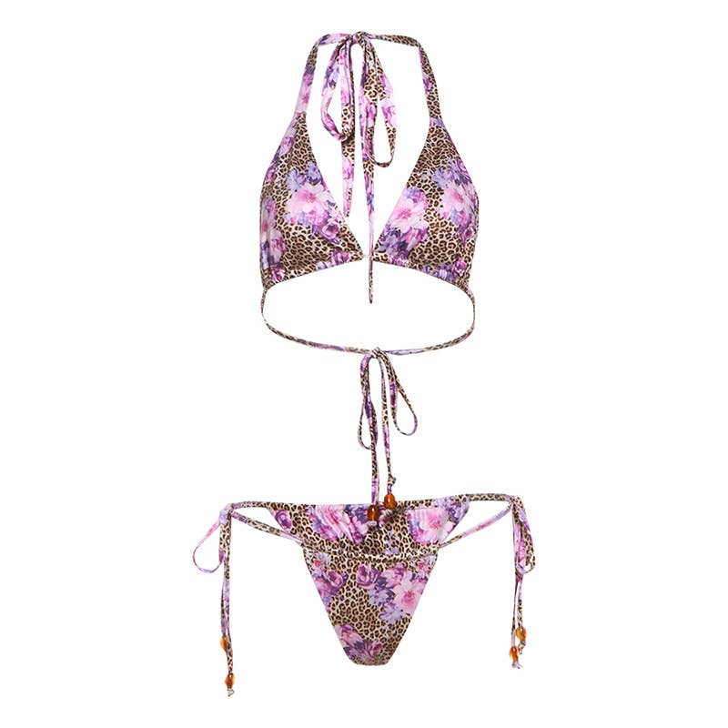 Leopard Floral Halter Tie Bikini Set