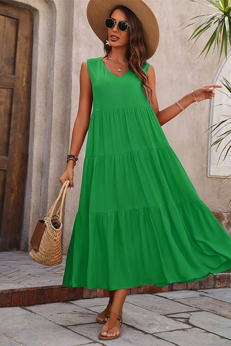 CWDMD4880_SOLID V NECK TIERED HEM SLEEVELESS DRESS
