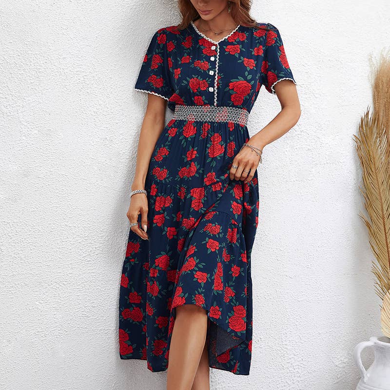 FASHION PRINT SHORT SLEEVE SLIM-FIT LONG DRESS