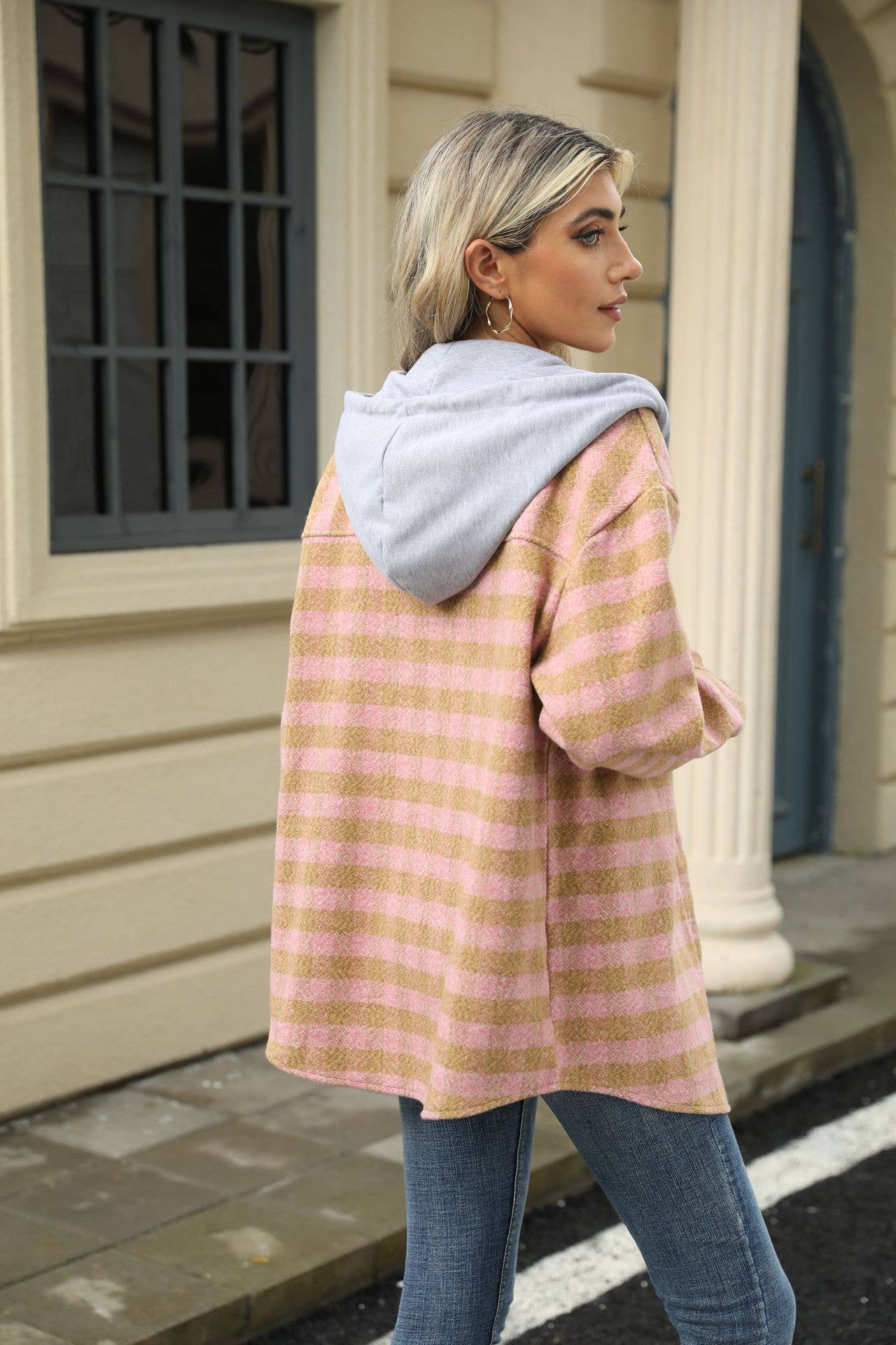 HOOD PLAID PATCHWORK SINGLE BREASTED WOOLEN COAT