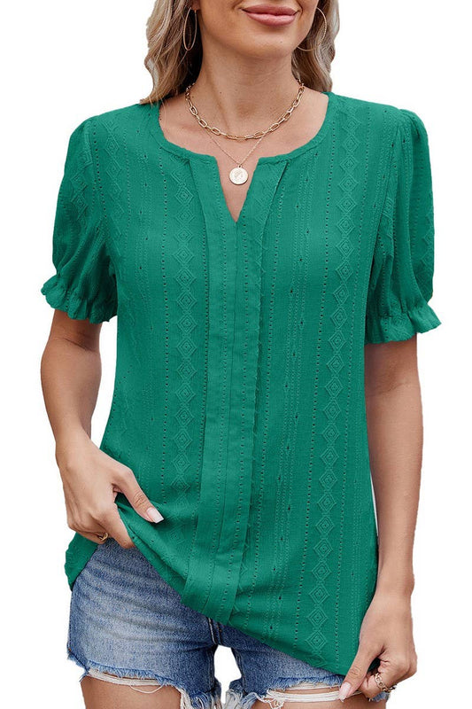 Cwtbls1727_Solid Color V-Neck Loose Puff Sleeve Jacquard Top