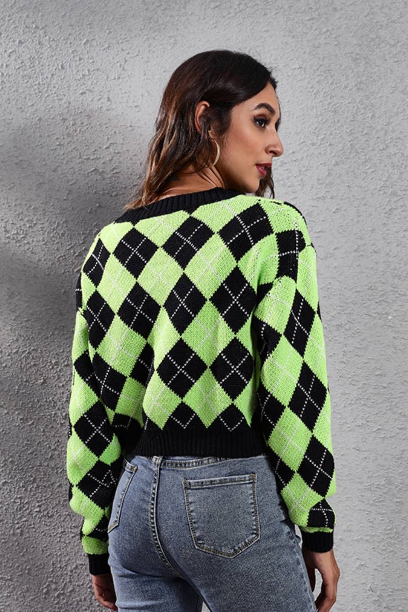 CWOCAL2048_DIAMOND CHECK LONG-SLEEVED CARDIGAN SWEATER