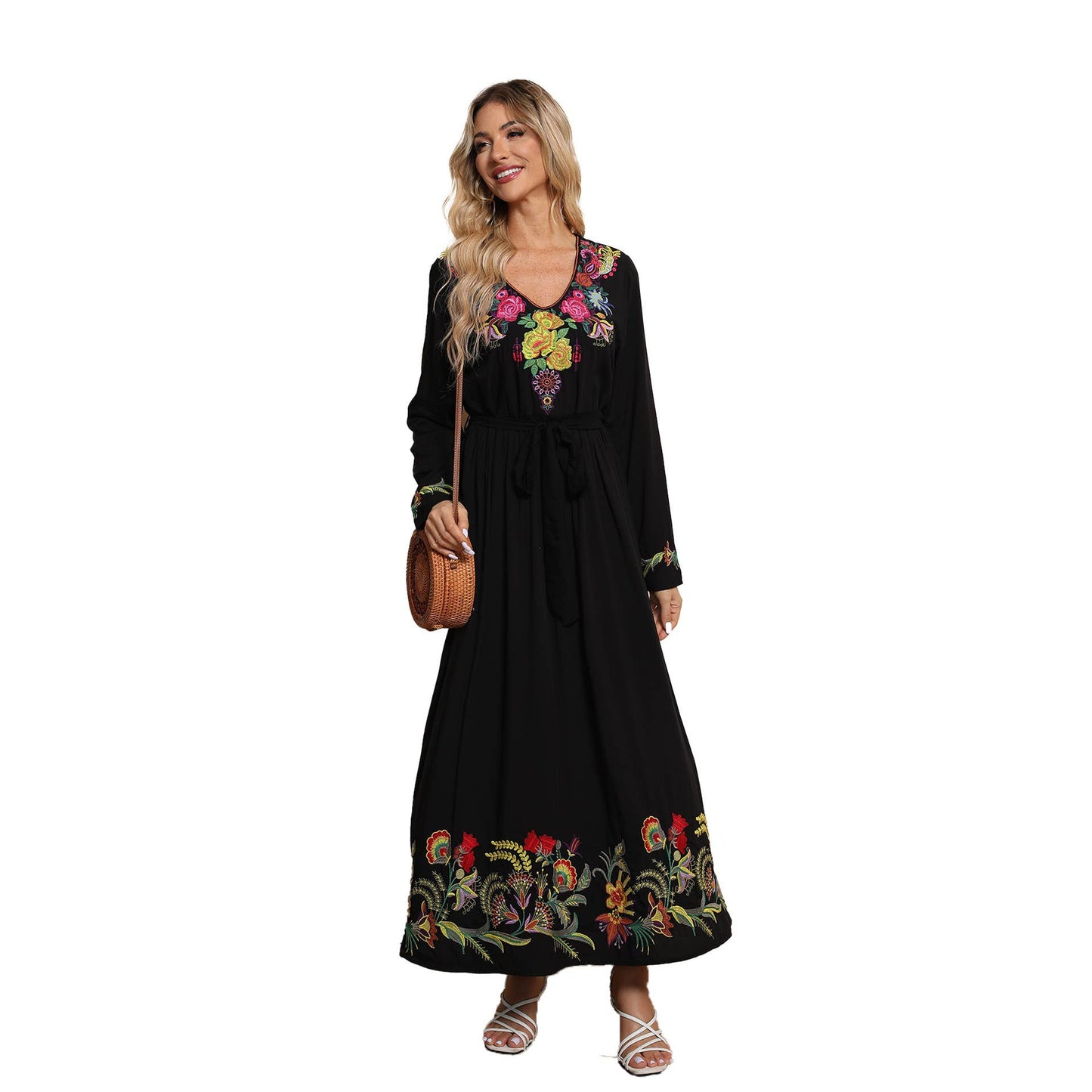 Ethnic style embroidered waist-slimming dress