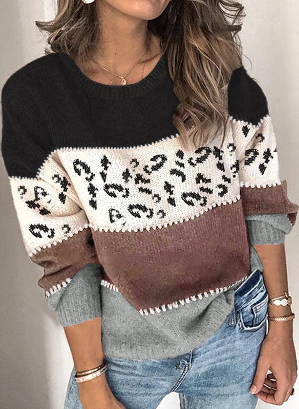 LEOPARD PRINT PATCHWORK FASHION KNIT PULLOVER