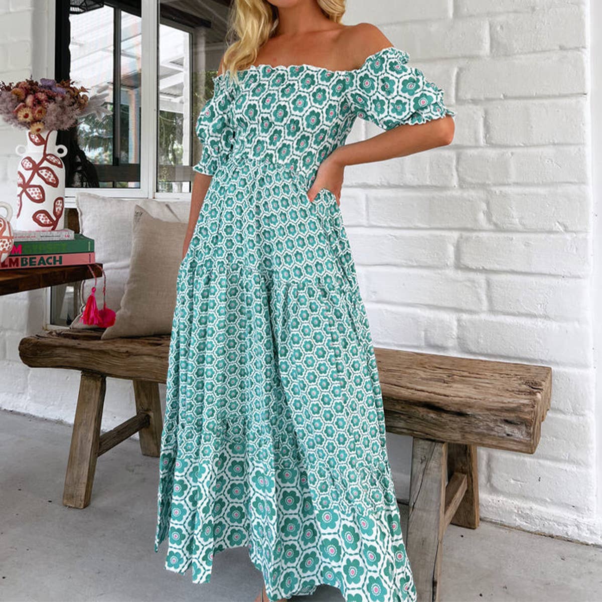 Print puffed sleeves large swing long waist dress