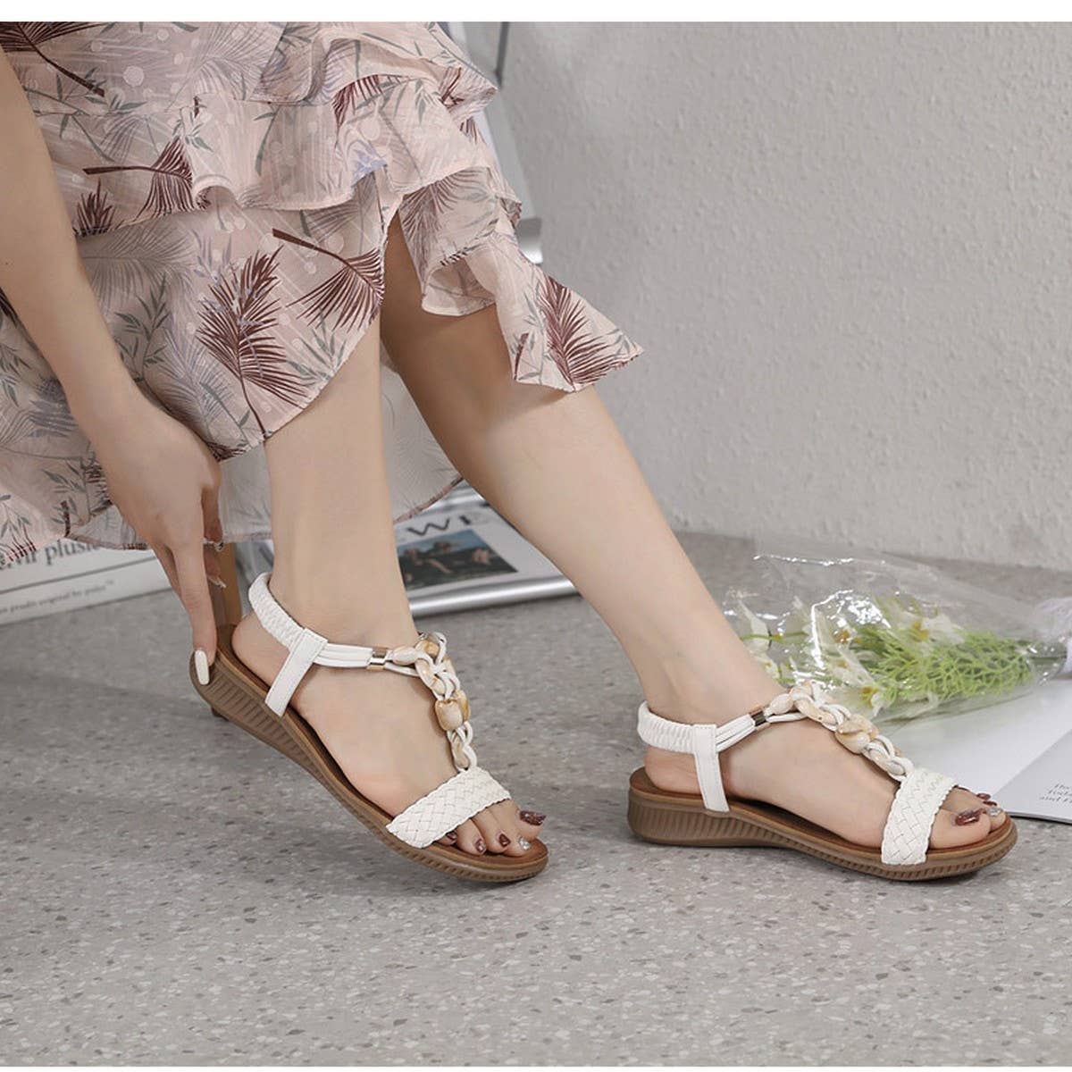 VINTAGE BUCKLE WOVEN FASHION BEADED BEACH SANDALS