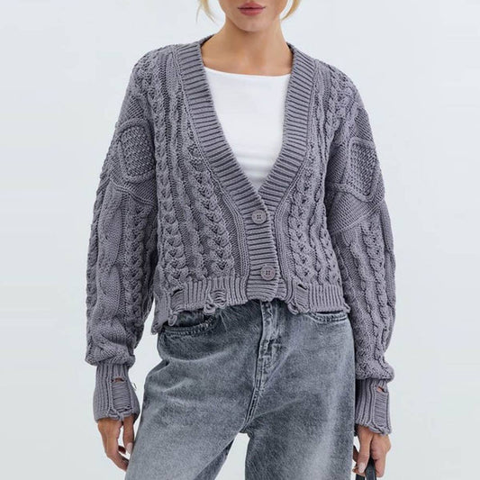 V-NECK SOLID COLOR TWIST SINGLE BREASTED CARDIGAN