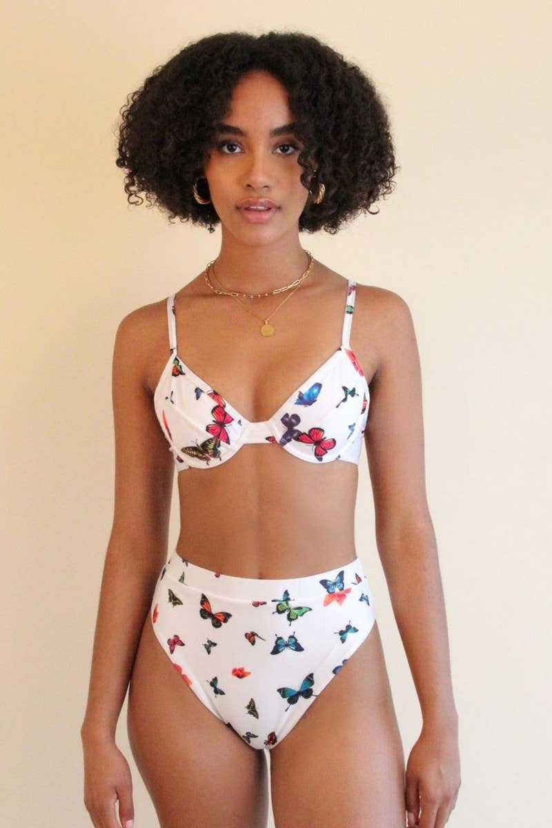 CWMW0846_BUTTERFLY PRINT HIGH WAIST TWO-PIECE SWIMSUIT