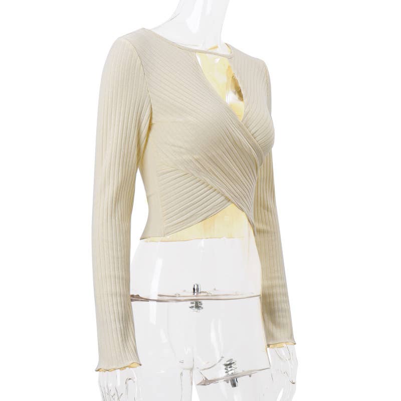 V-NECK LOW CUT THREAD FIT MIDRIFF LONG SLEEVE TOP