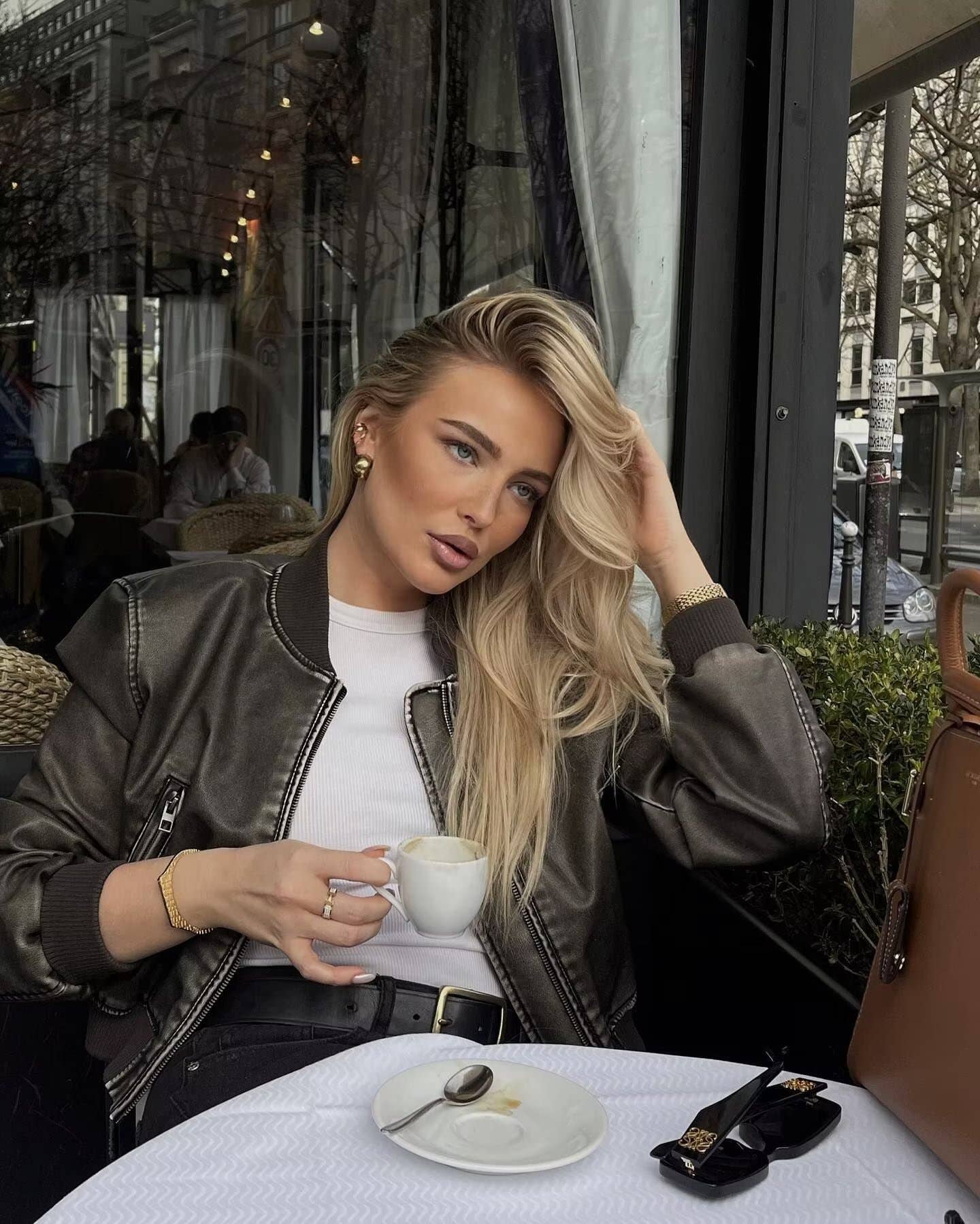 Stand-up collar motorcycle pilot leather jacket