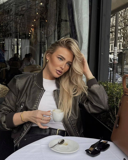 Stand-up collar motorcycle pilot leather jacket