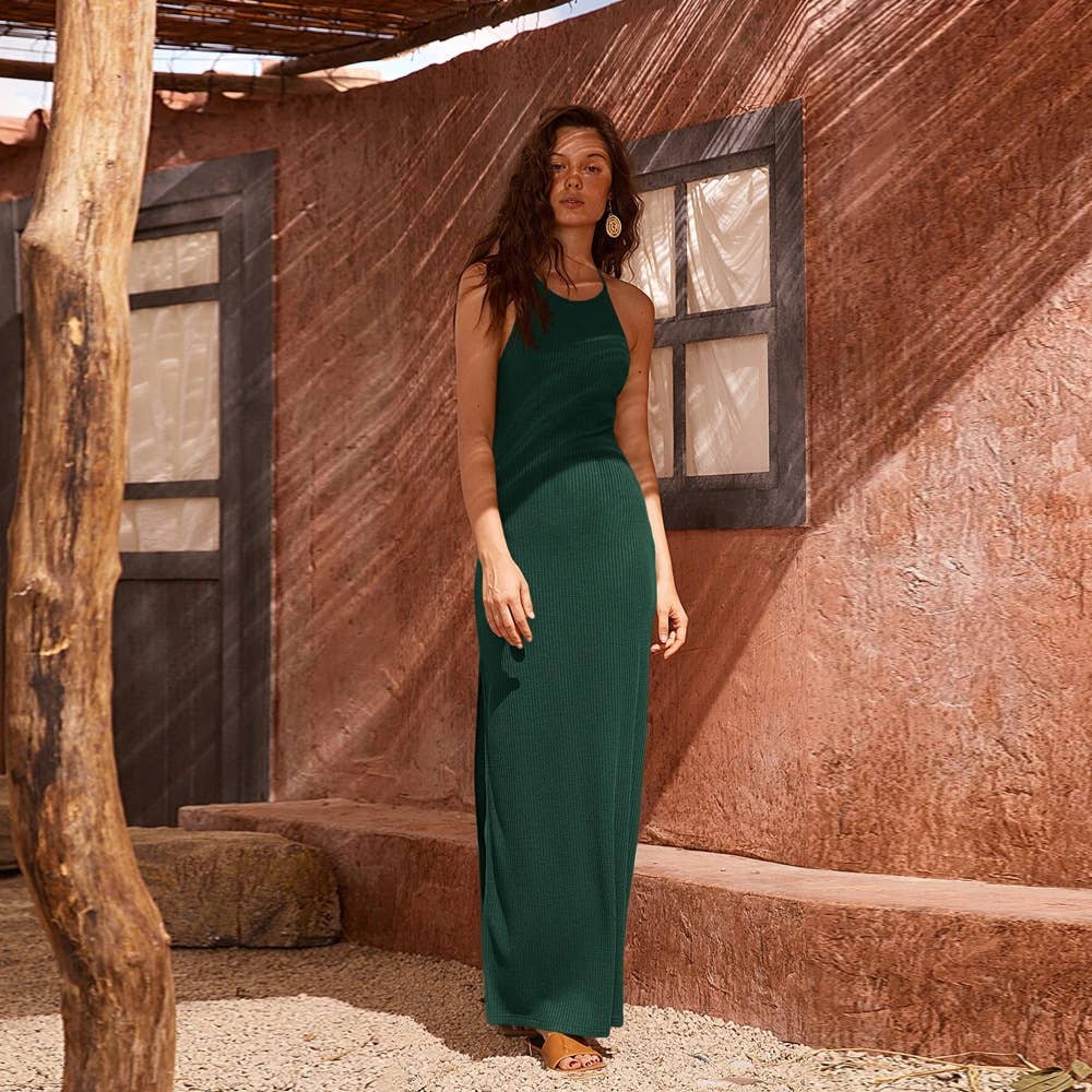 Sexy backless slit hip-hugging halter dress