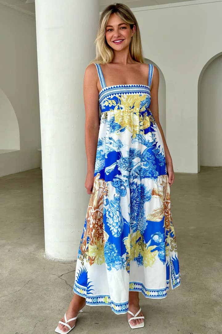 Holiday style positioning print long halter dress