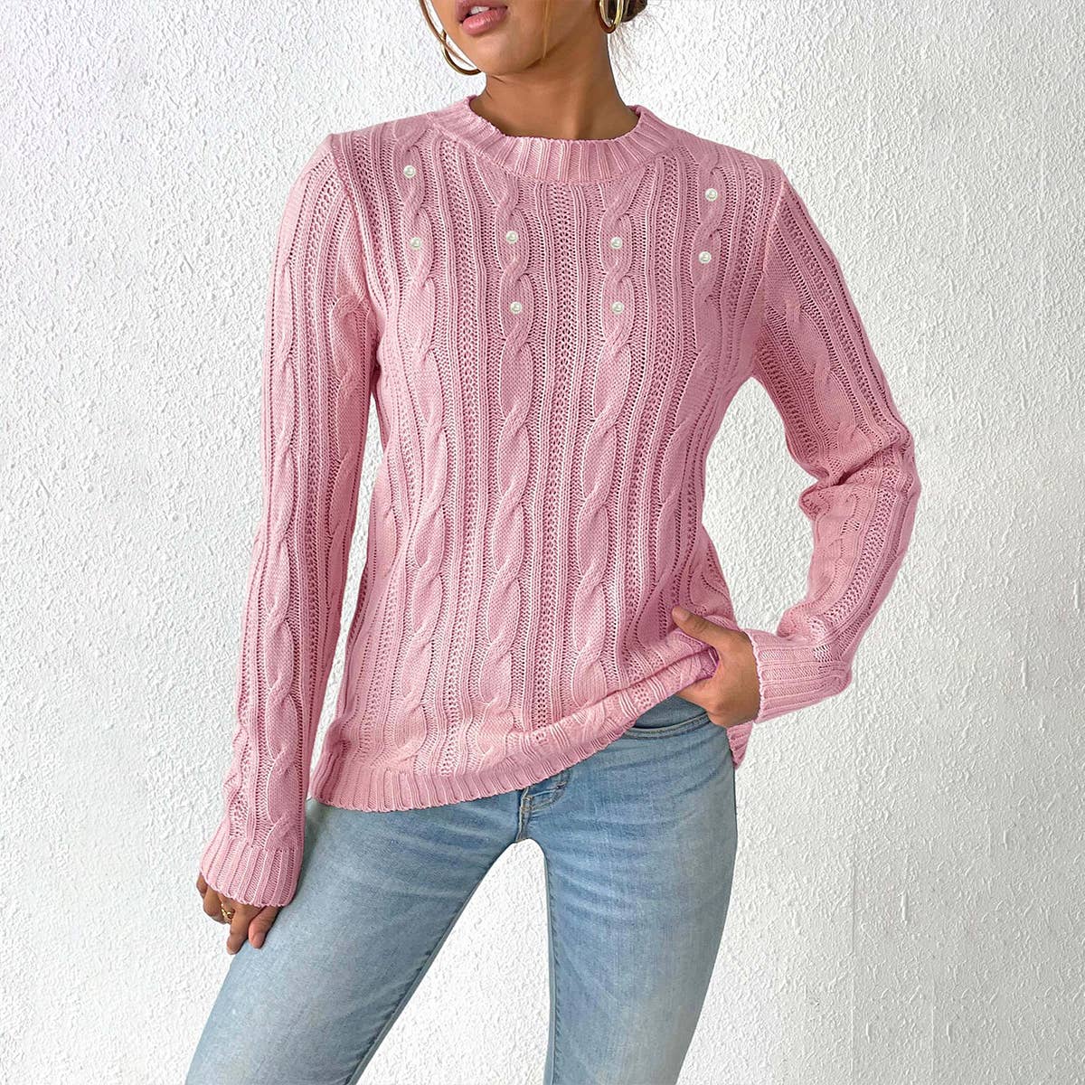 Simple base pearl studded beaded woven sweater