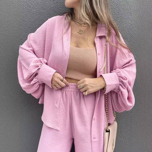 SOLID COLOR BAGGY SHIRT HIGH-WAISTED PANTSUIT