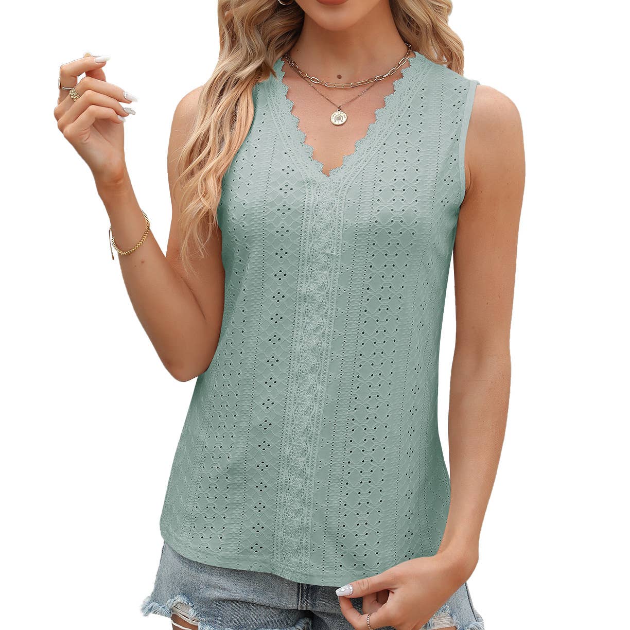 V-neck lace sleeveless solid color casual vest