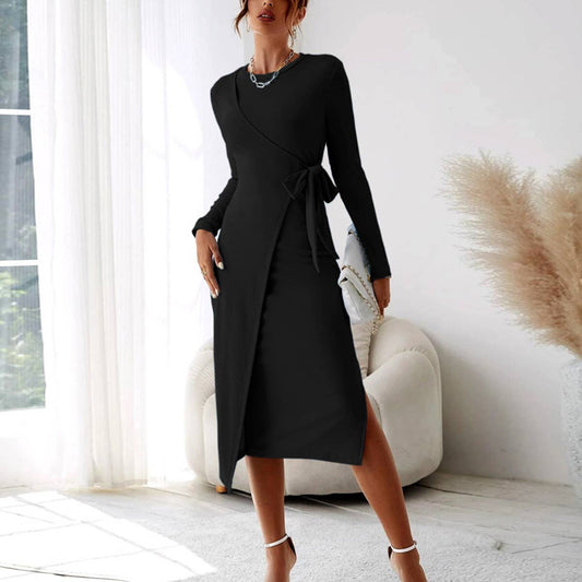 LACE-UP SLIM-FIT SPLIT HIP HIP LONG-SLEEVED DRESS