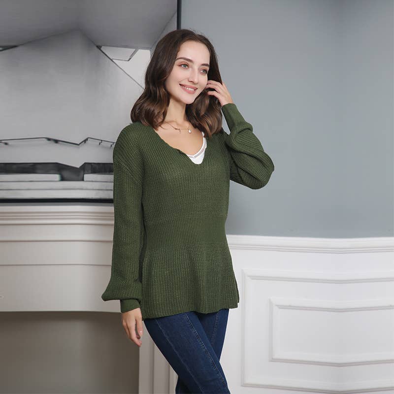 V-NECK SOLID COLOR LONG SLEEVE RUFFLED KNIT