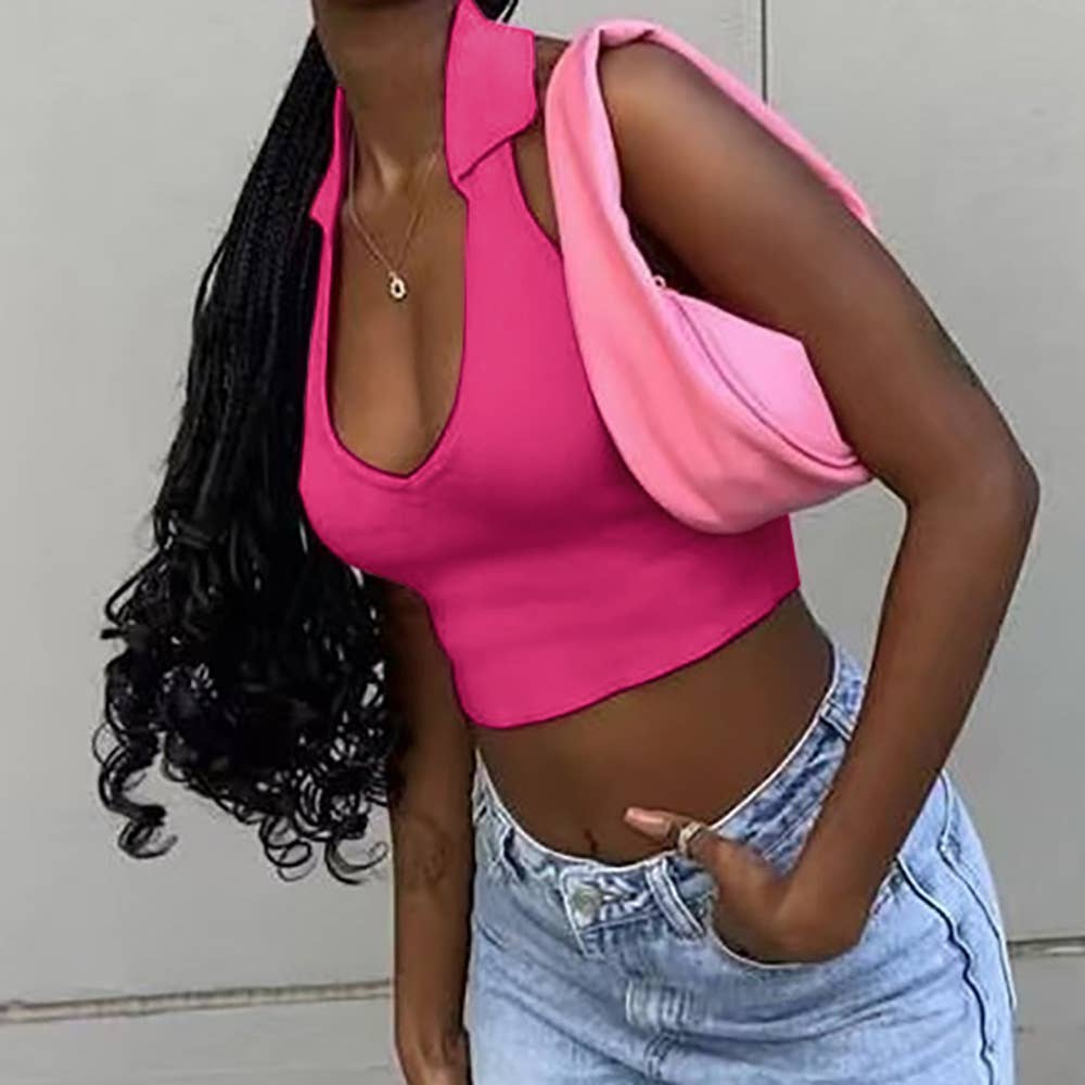 Stylish knitted pit strip lapel cropped tank top