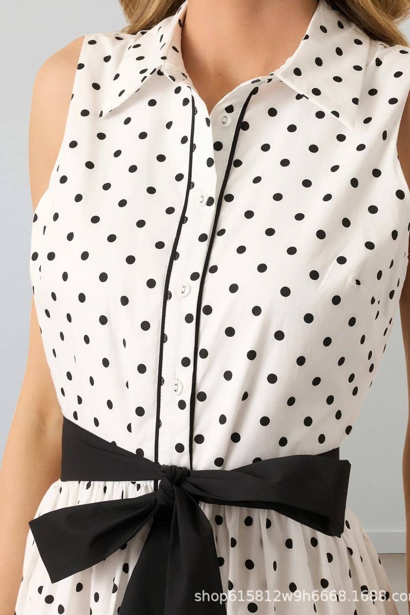 CWDMD6435_SLEEVELESS POLKA DOT TIE WAIST COLLAR DRESS