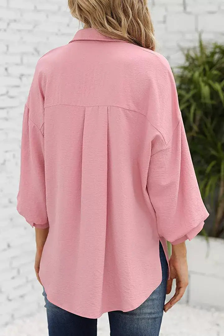 LANTERN SLEEVE BUTTON V-NECK CHIFFON CASUAL SHIRT