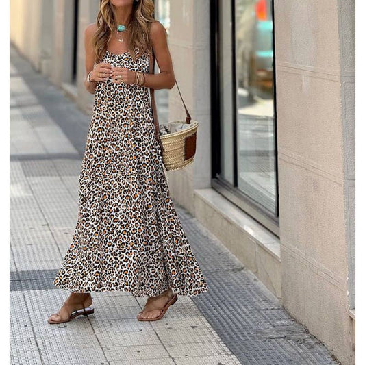 Leopard print halter V-neck full-length dress