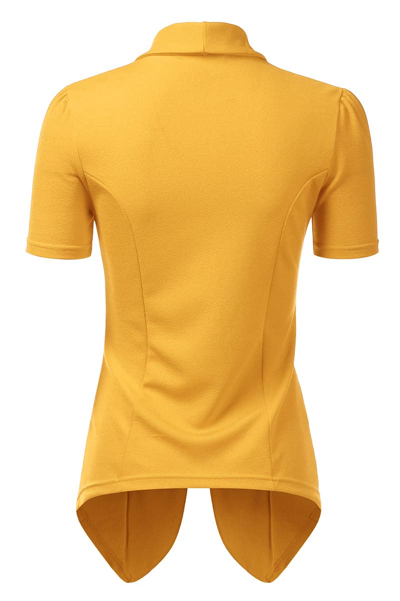 CWOBL095-P_Short Sleeve Open Front Draped Ruffles Blouses