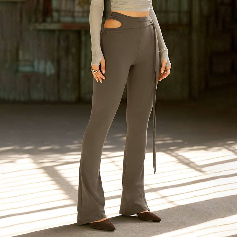 HIGH-WAISTED HOLLOW-CUT CORD MICRO-TRUMPET PANTS