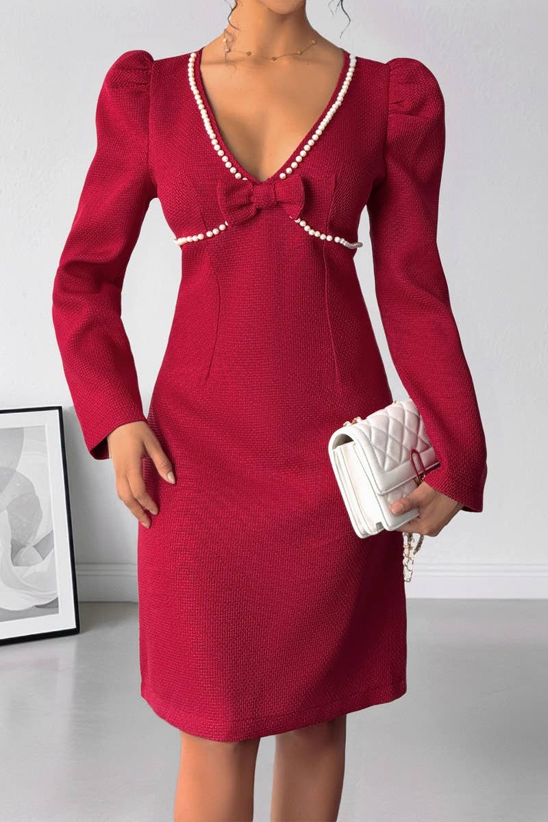 CWDSD10579_VINTAGE BOW PEARL DEEP V RED LONG SLEEVE DRESS
