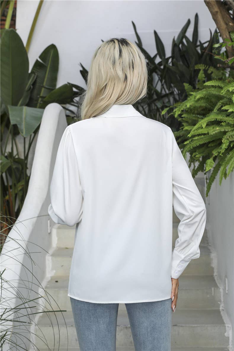 Lantern-sleeve pleated stand collar loose shirt