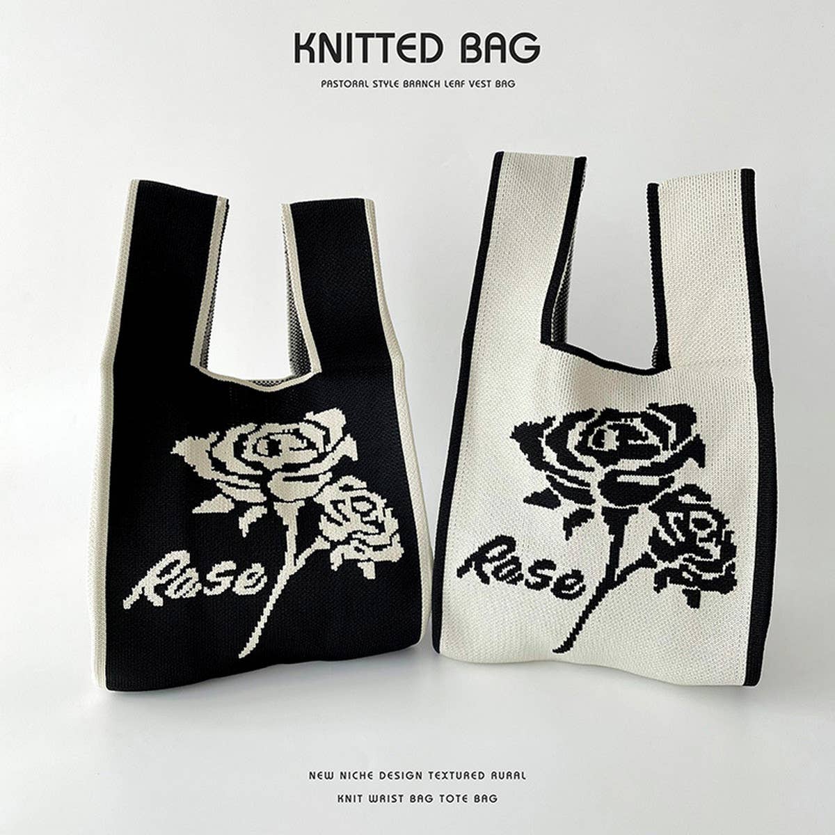 BLACK AND WHITE ROSE KNITTED SHOULDER TOTE BAG_CWAB1518