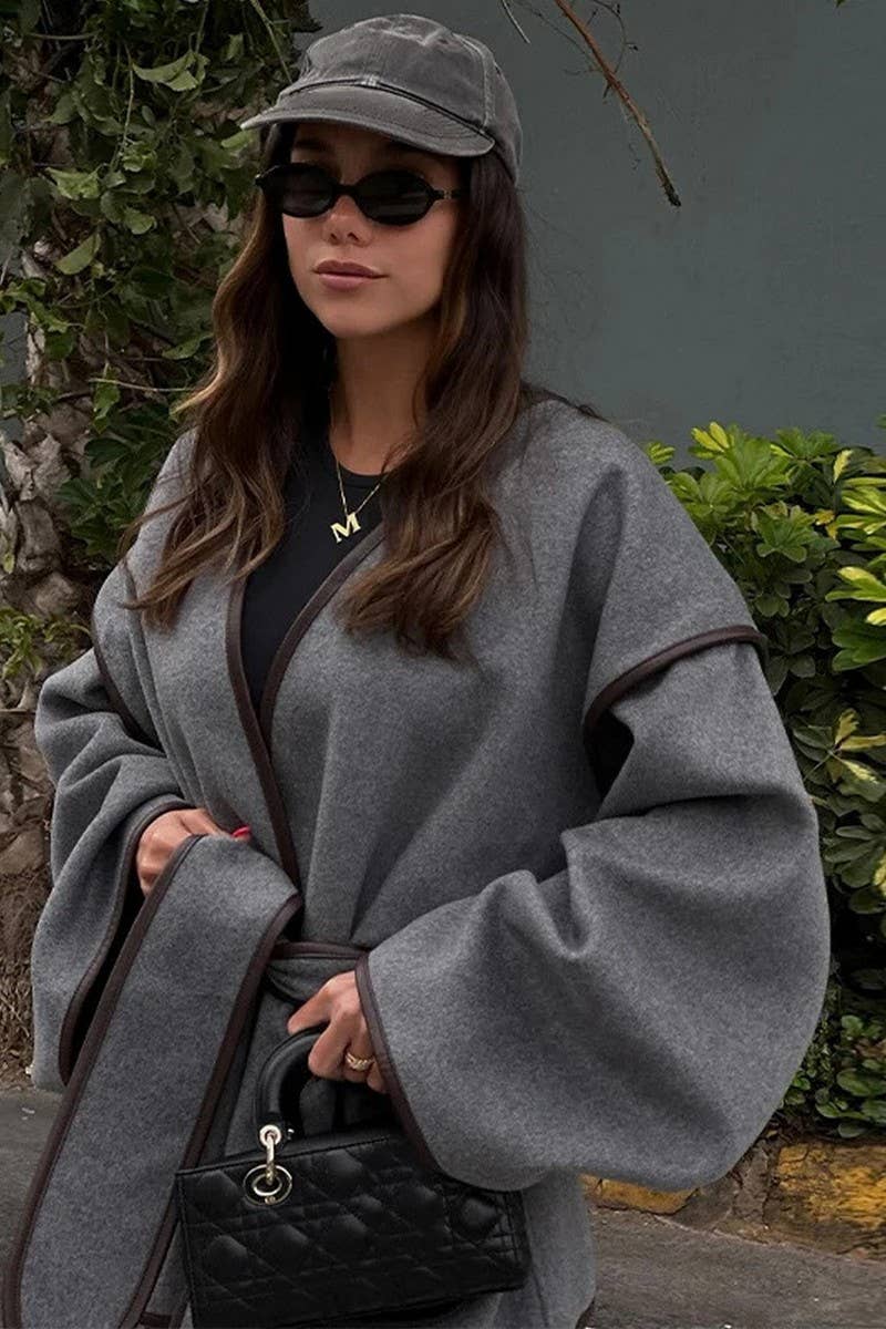 CWOCO1067_LOOSE RETRO GREY BELTED WOOLEN COAT