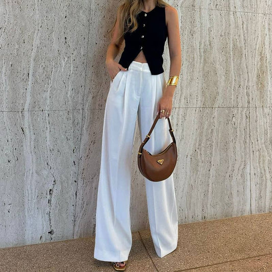 Versatile solid-colored loose wide-leg trousers