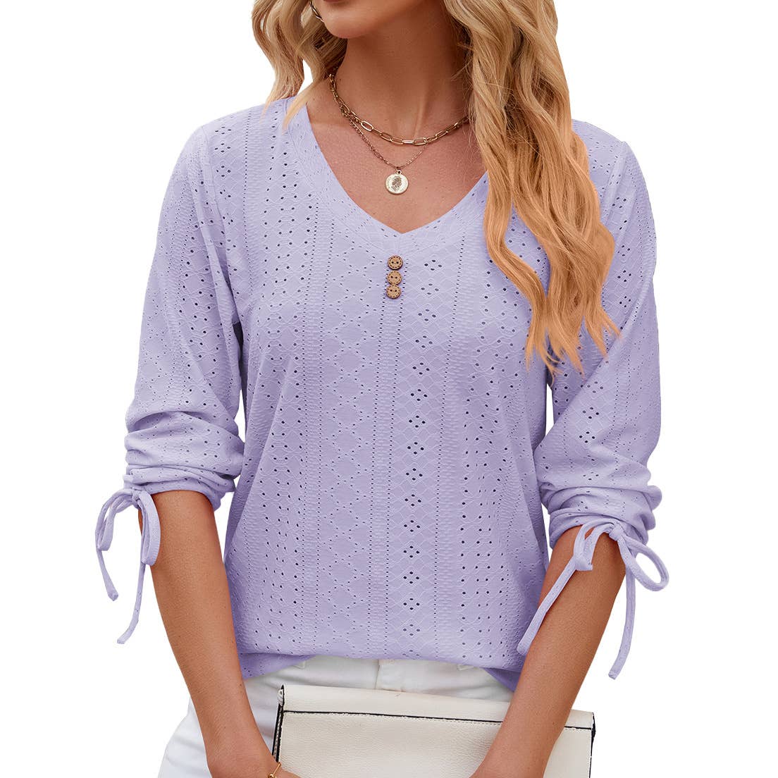 V-neck seven-point sleeved drawstring loose shirt