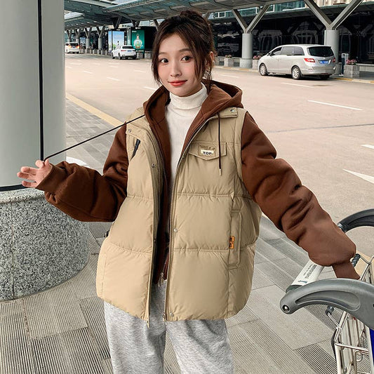 Fake two pieces loose contrast color padded coat
