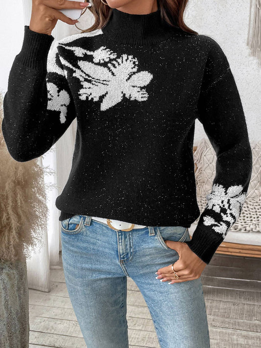 Half Turtleneck Floral Jacquard Casual Pullover