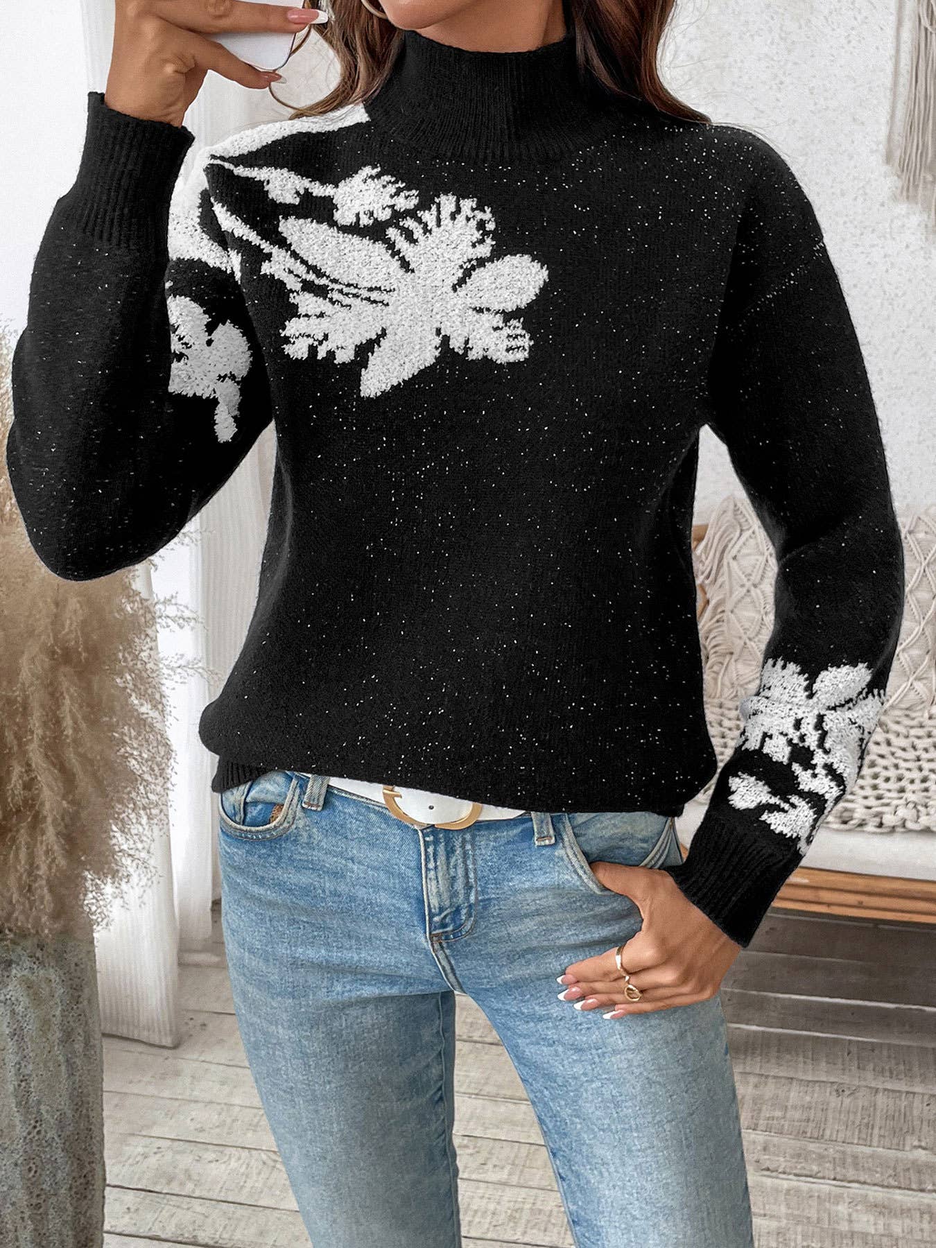 WOMEN'S HALF TURTLENECK COLOR JACQUARD SWEATER