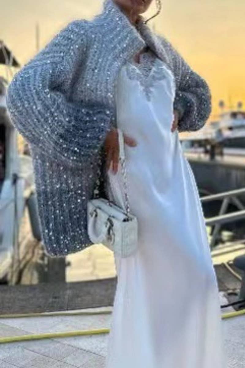 CWOCAL2181_STYLISH SEQUIN V-NECK LONG-SLEEVED SWEATER