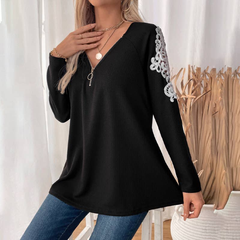 LACE PATCHWORK ZIPPER V-NECK LONG SLEEVE T-SHIRT