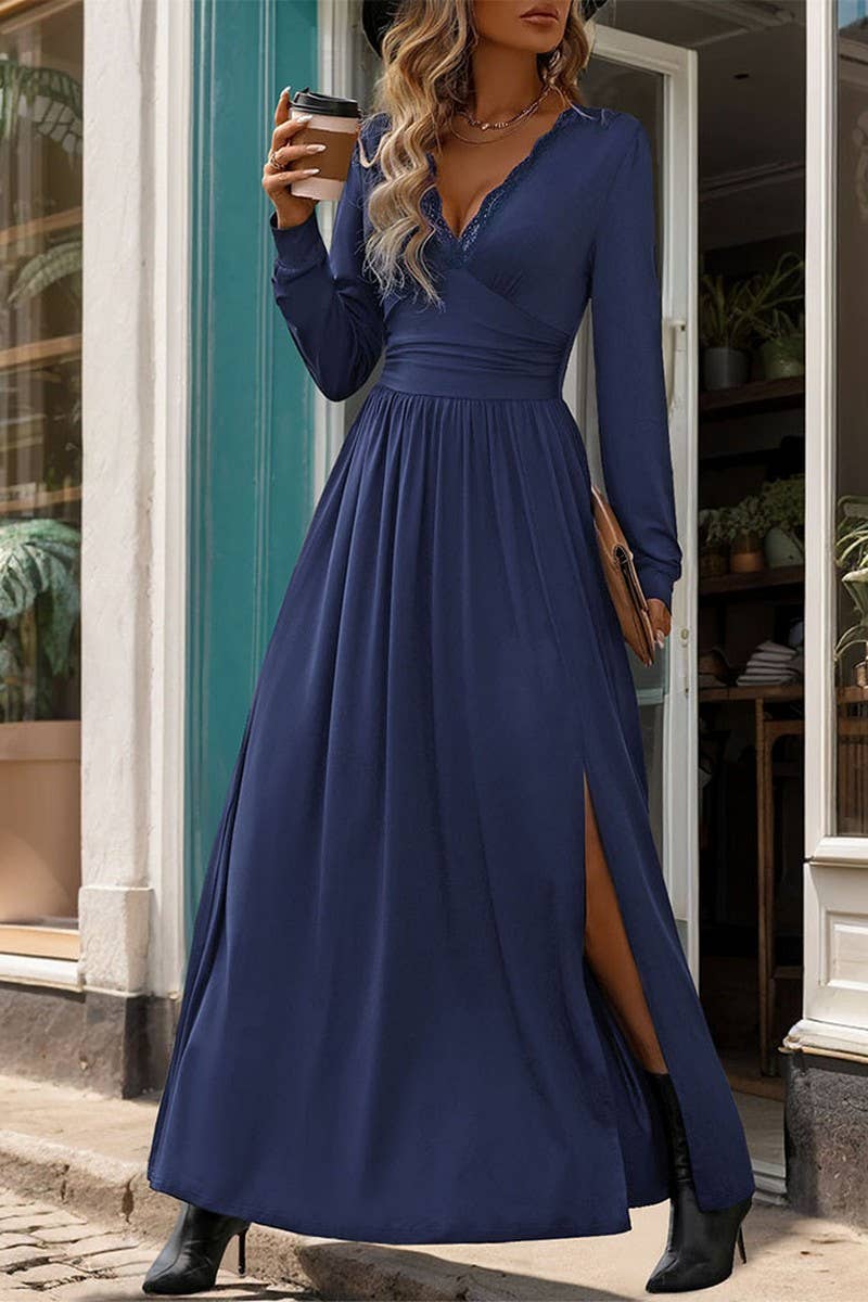 CWDMD3054_SOLID COLOR V-NECK SLIT SLIM LONG SLEEVE DRESS