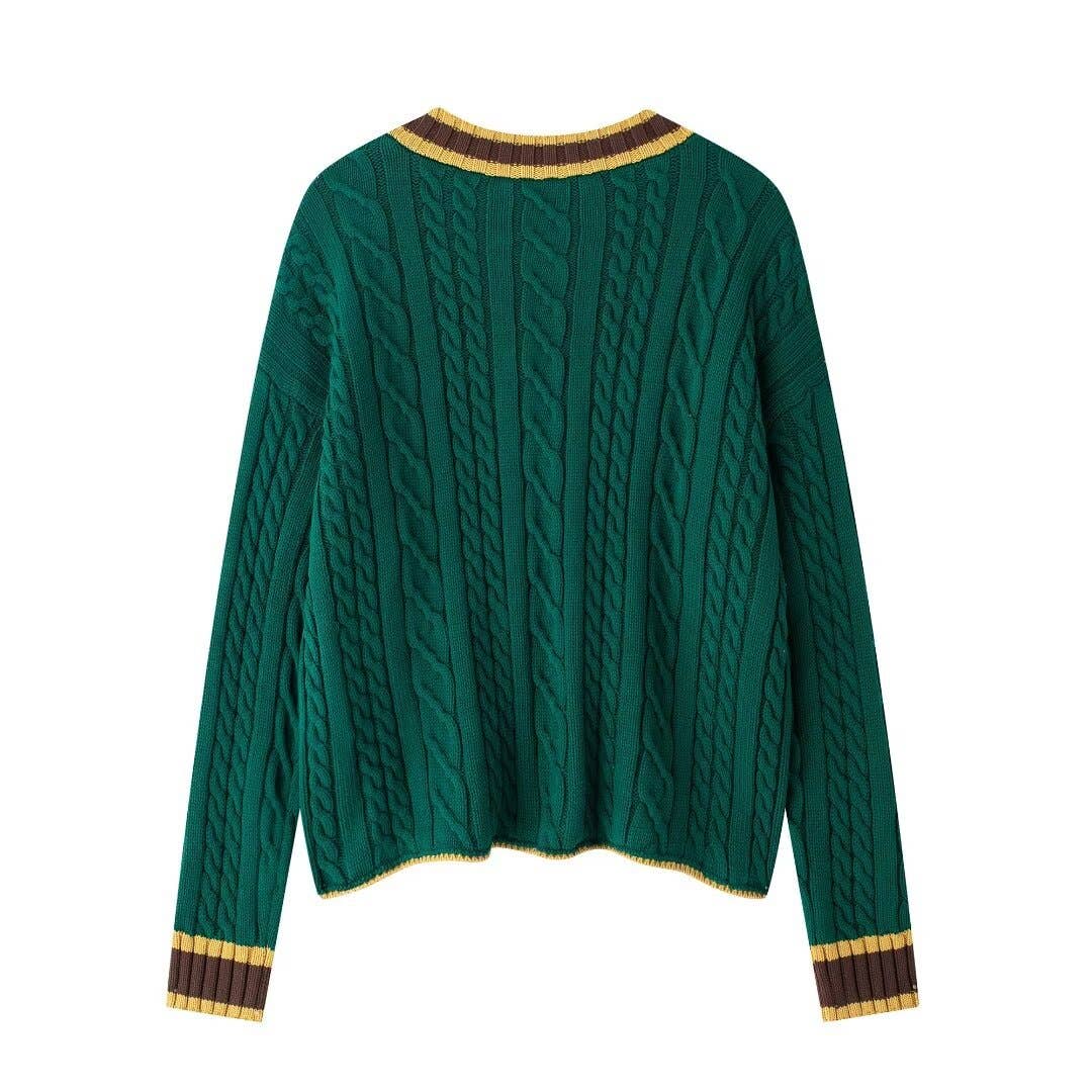 Stylish casual V-neck contrasting knit jacket