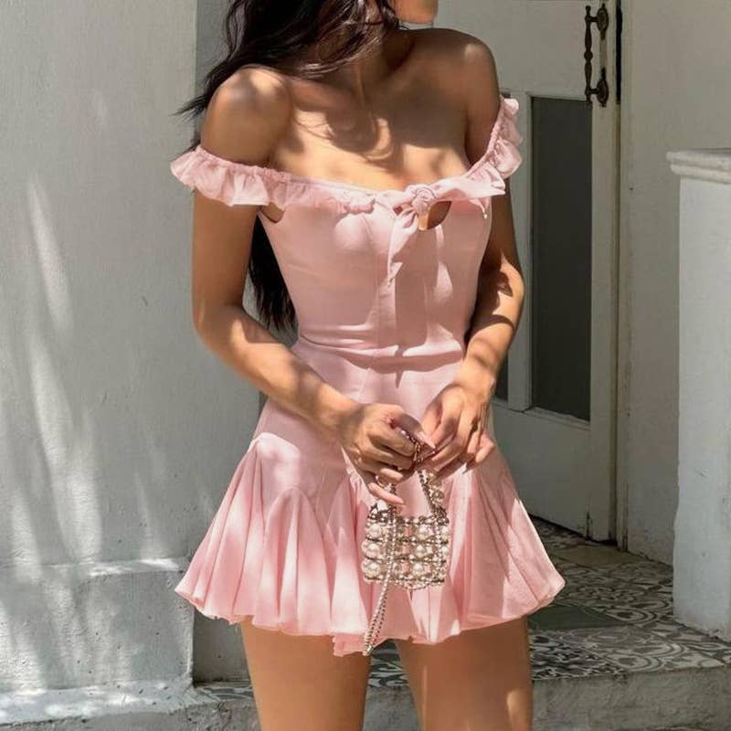 Sexy solid color one-line shoulder short dress