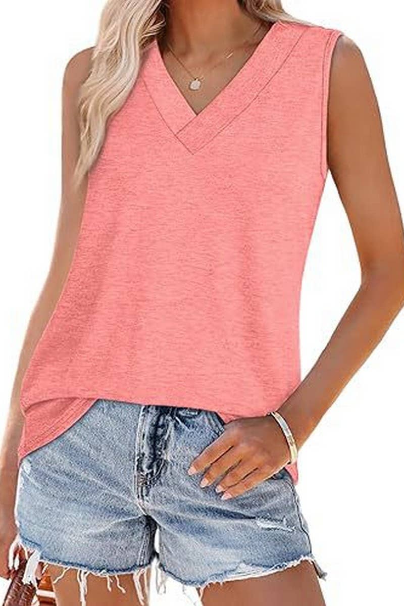 Cwtblsl0908_Solid V-Neck Sleeveless Casual Tank Top
