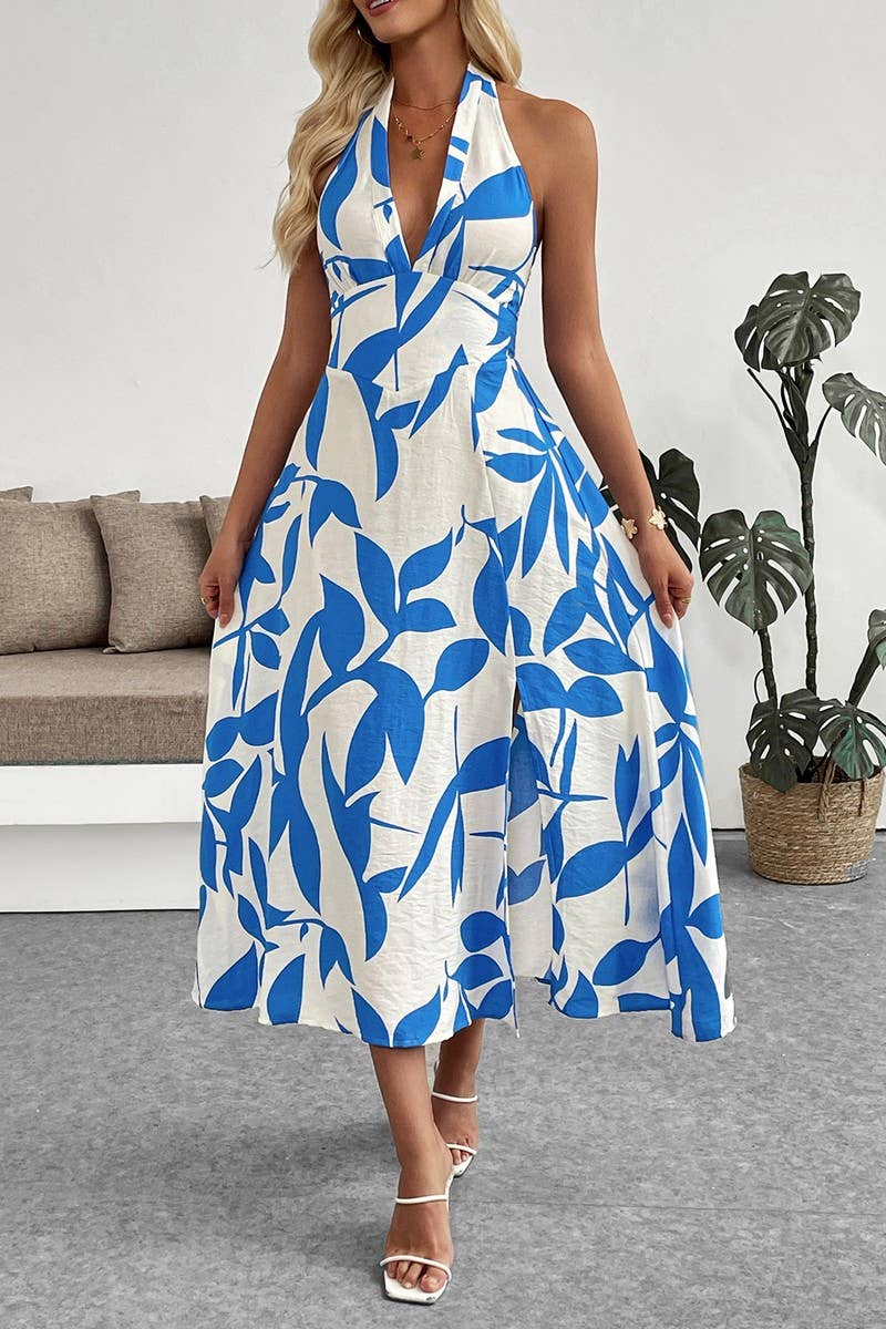 CWDMD6281_TROPICAL HALTER NECK SPLIT HEM BEACH DRESS