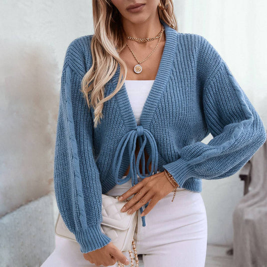 V-NECK LOOSE SHORT LACE-UP SEXY KNIT