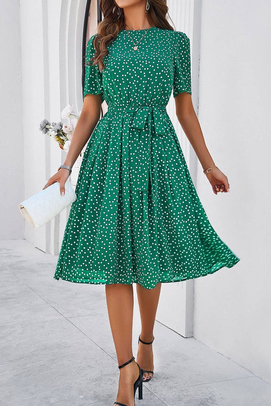 CWDSD7139_TEMPERAMENT CASUAL POLKA DOT LACE-UP PRINT DRESS
