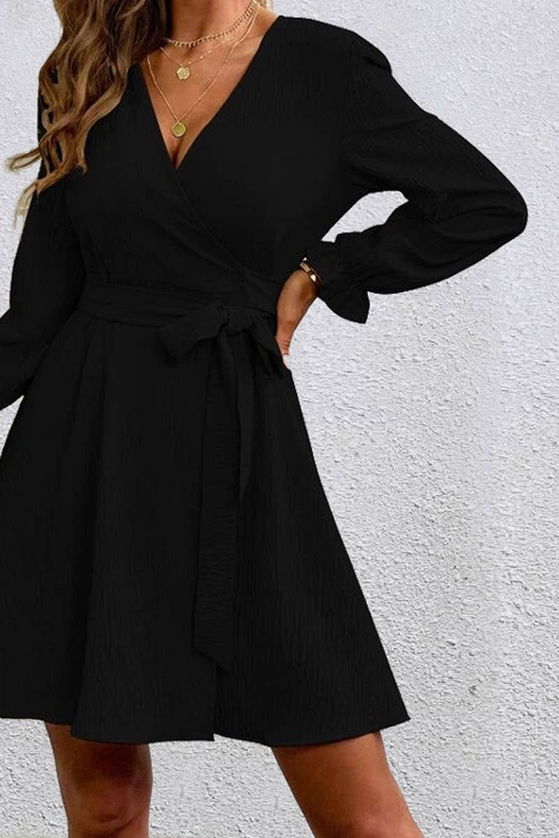 CWDMD4158_SOLID COLOR V-NECK LANTERN SLEEVE LACE-UP DRESS