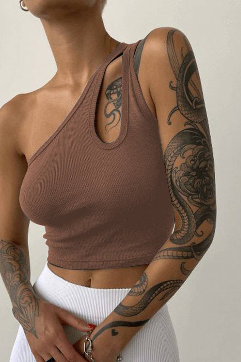 SLANT SHOULDER SLIM CROP CUTOUT SLEEVELESS TOP_CWTTK0309